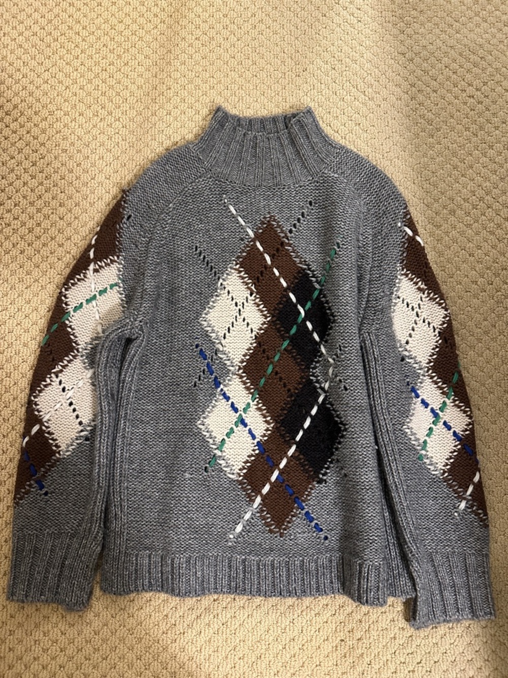 Zara Gray Argyle Cowl-Neck Sweater with Brown & Cream Accents